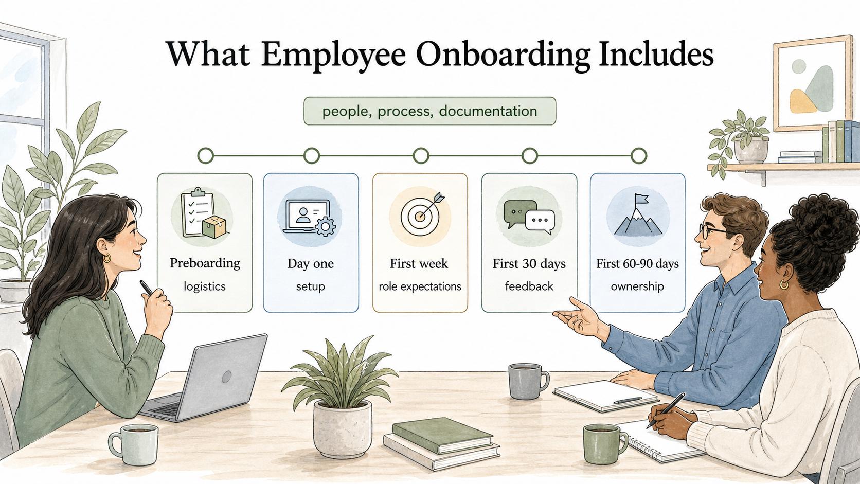 Employee onboarding moves through preboarding, day one, the first week, the first 30 days, and the first 60-90 days.