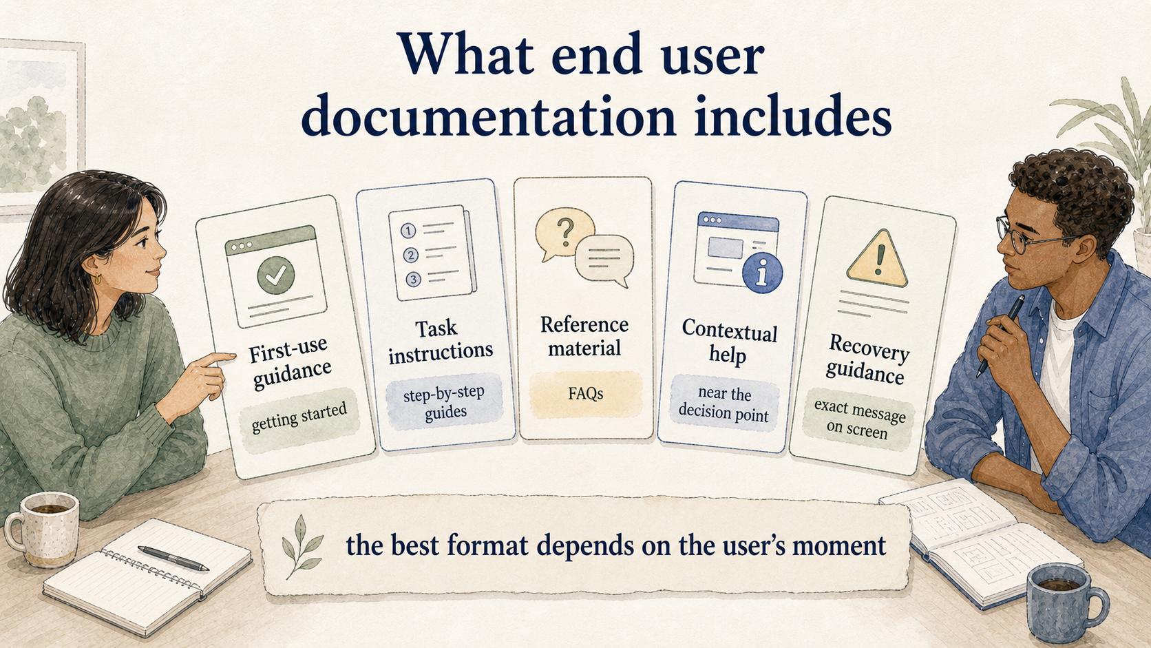 End user documentation formats include first-use guidance, task instructions, reference material, contextual help, and recovery guidance.