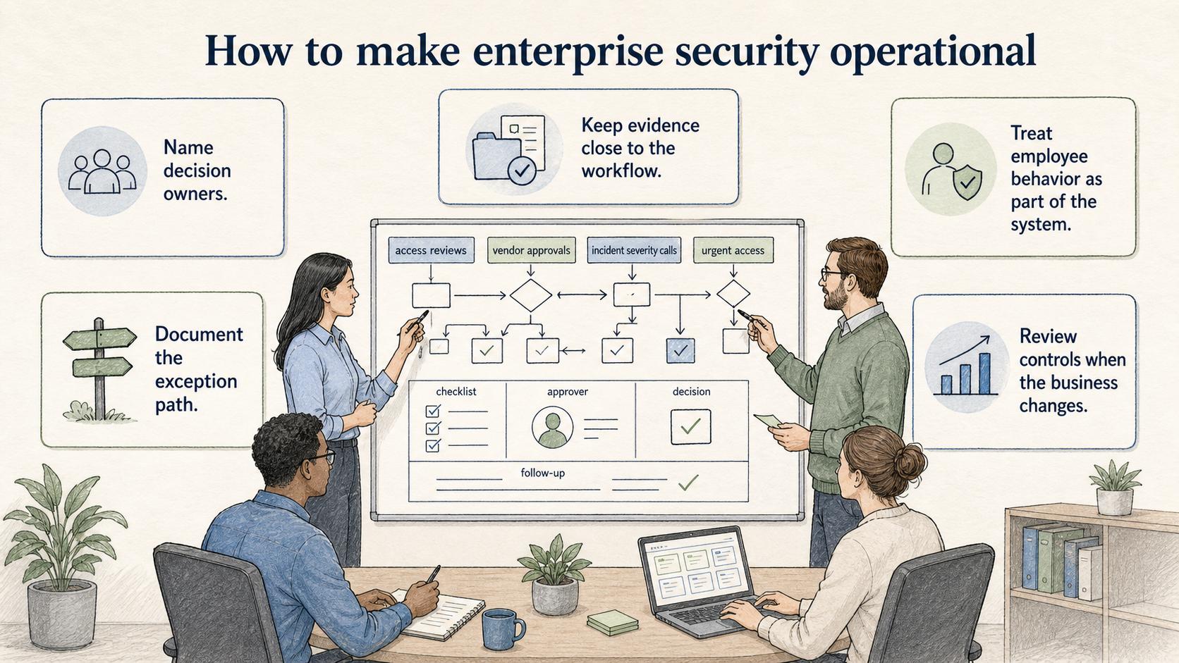 Operational security depends on decision owners, documented exceptions, workflow evidence, employee behavior, and control reviews as the business changes.