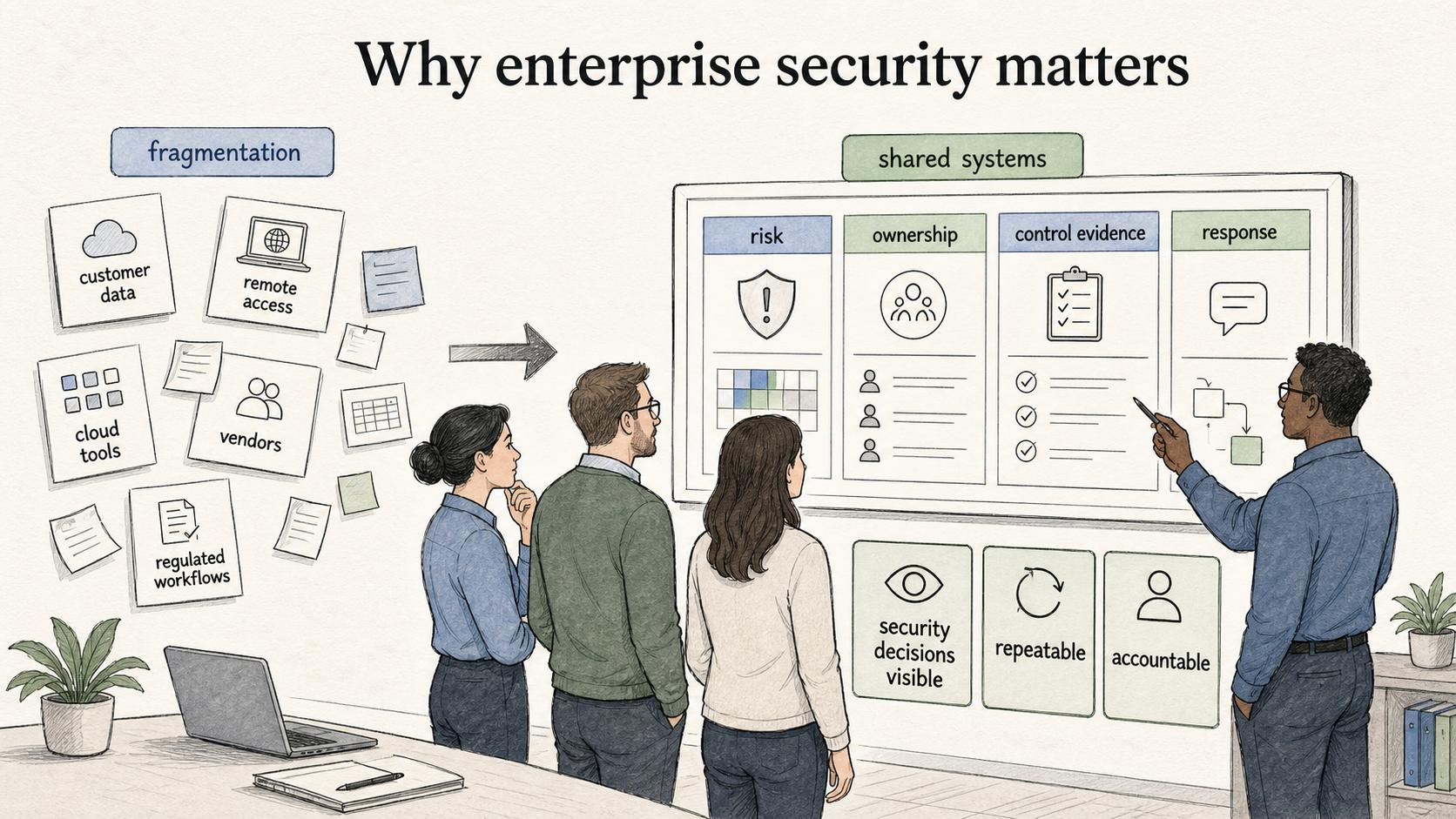 Enterprise security turns fragmented security decisions into visible, repeatable, and accountable operating practices.