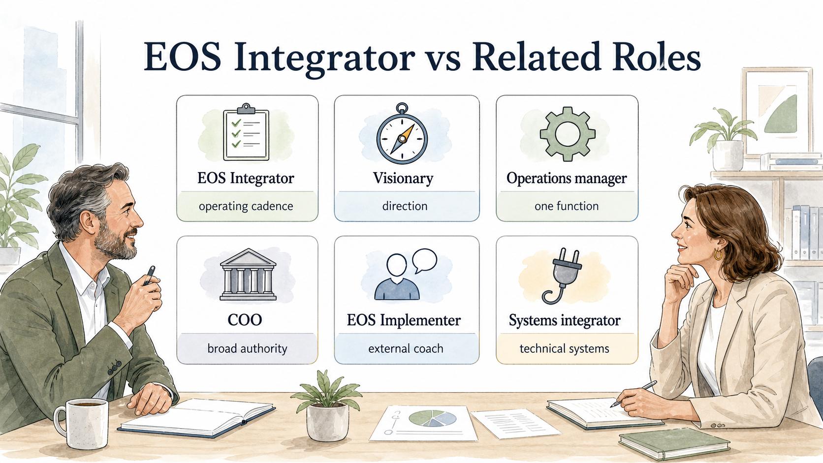 The EOS Integrator role is distinct from a Visionary, COO, operations manager, EOS Implementer, or systems integrator.