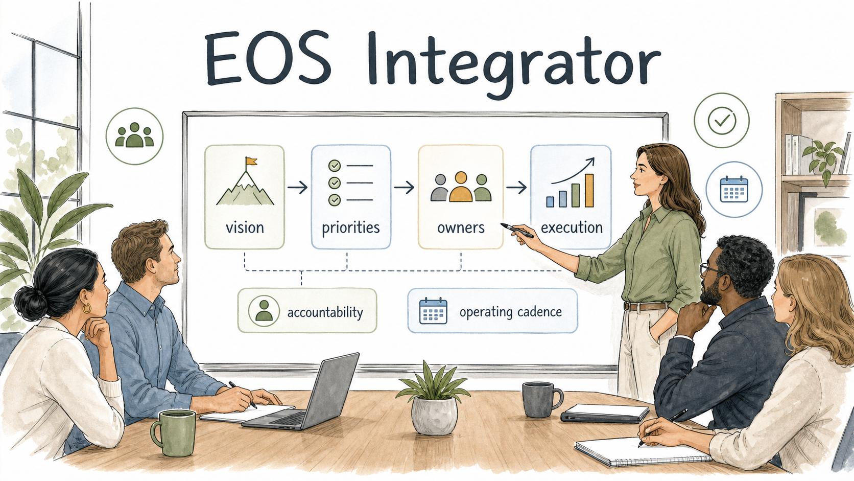 An EOS Integrator turns vision into priorities, owners, execution, accountability, and operating cadence.