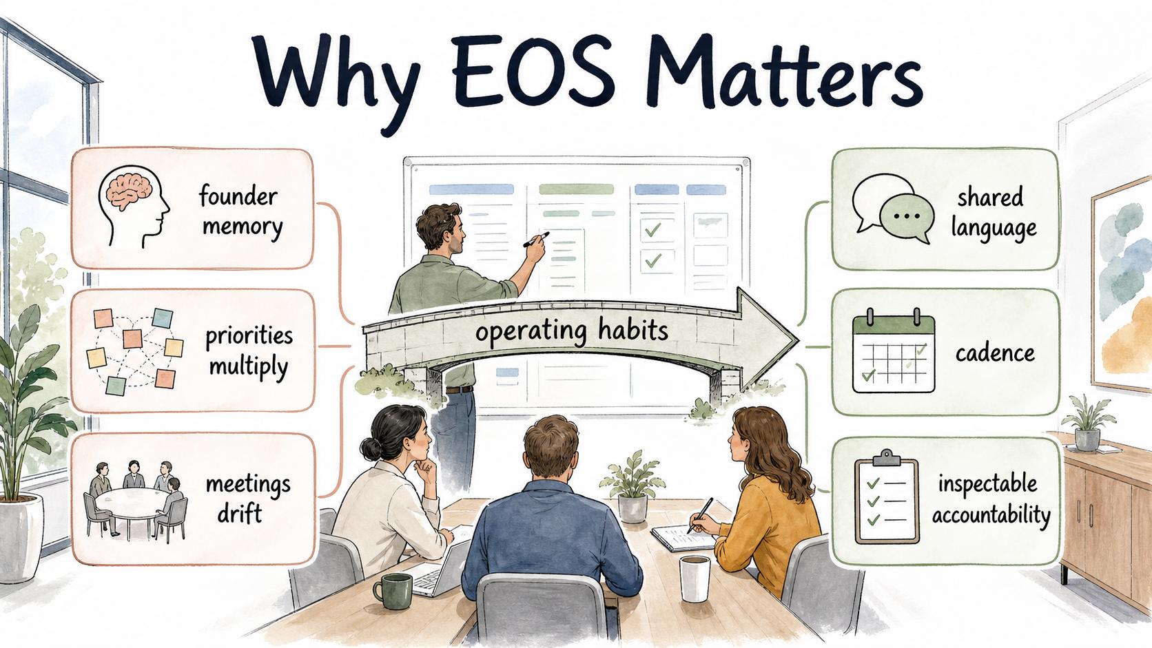 EOS helps growing companies move beyond founder memory into shared language, cadence, and inspectable accountability.