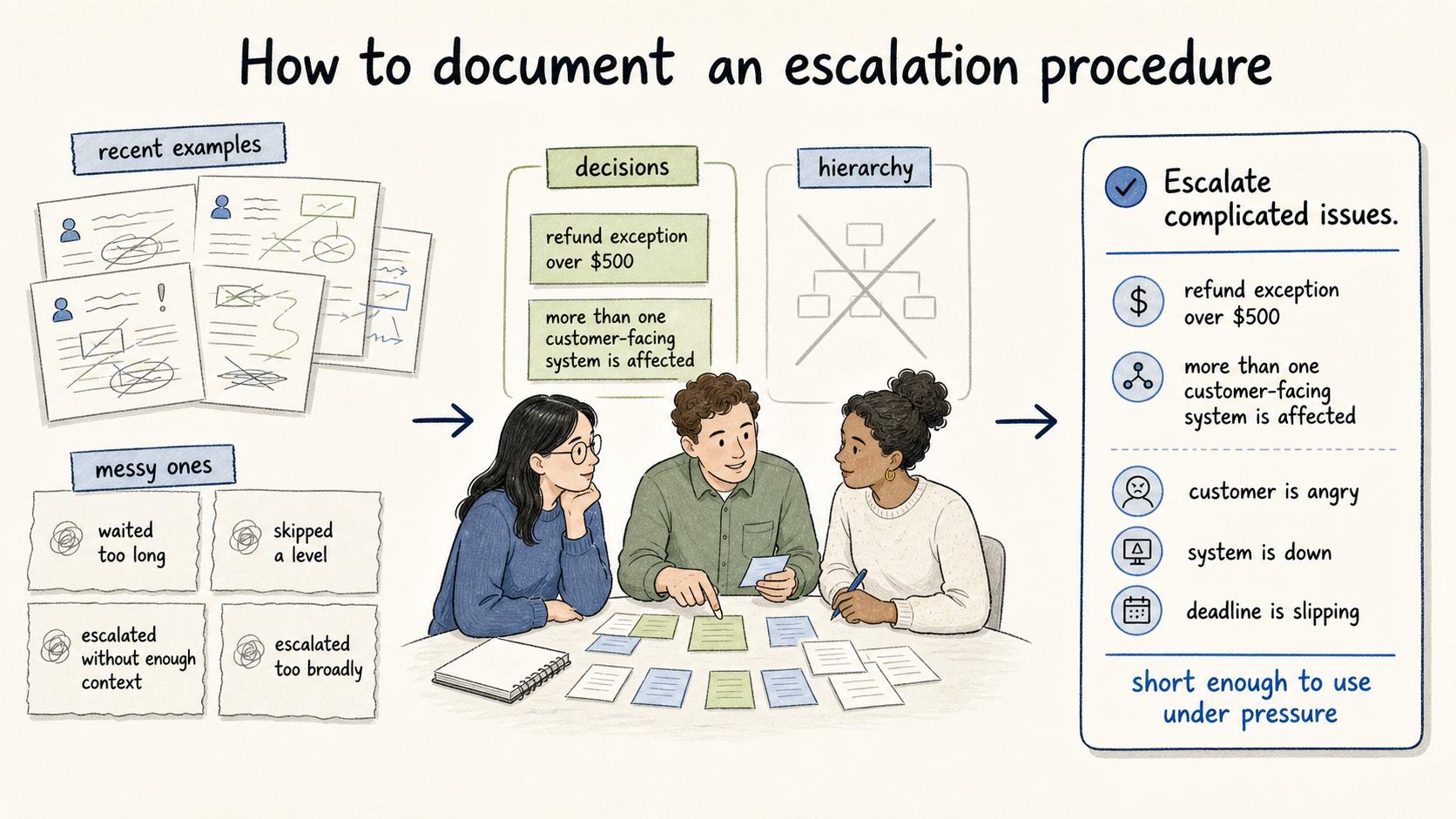 Start with messy recent examples, identify real decision points, then write short guidance people can use under pressure.