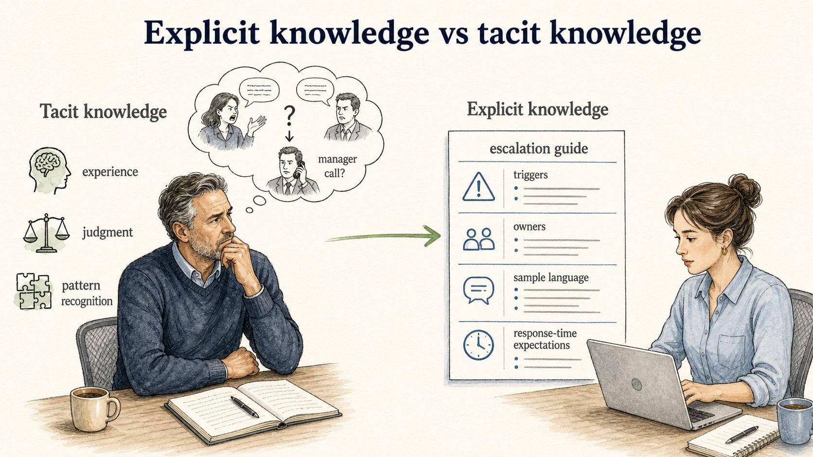 Tacit judgment becomes explicit knowledge when the teachable parts are named, stored, and reused.