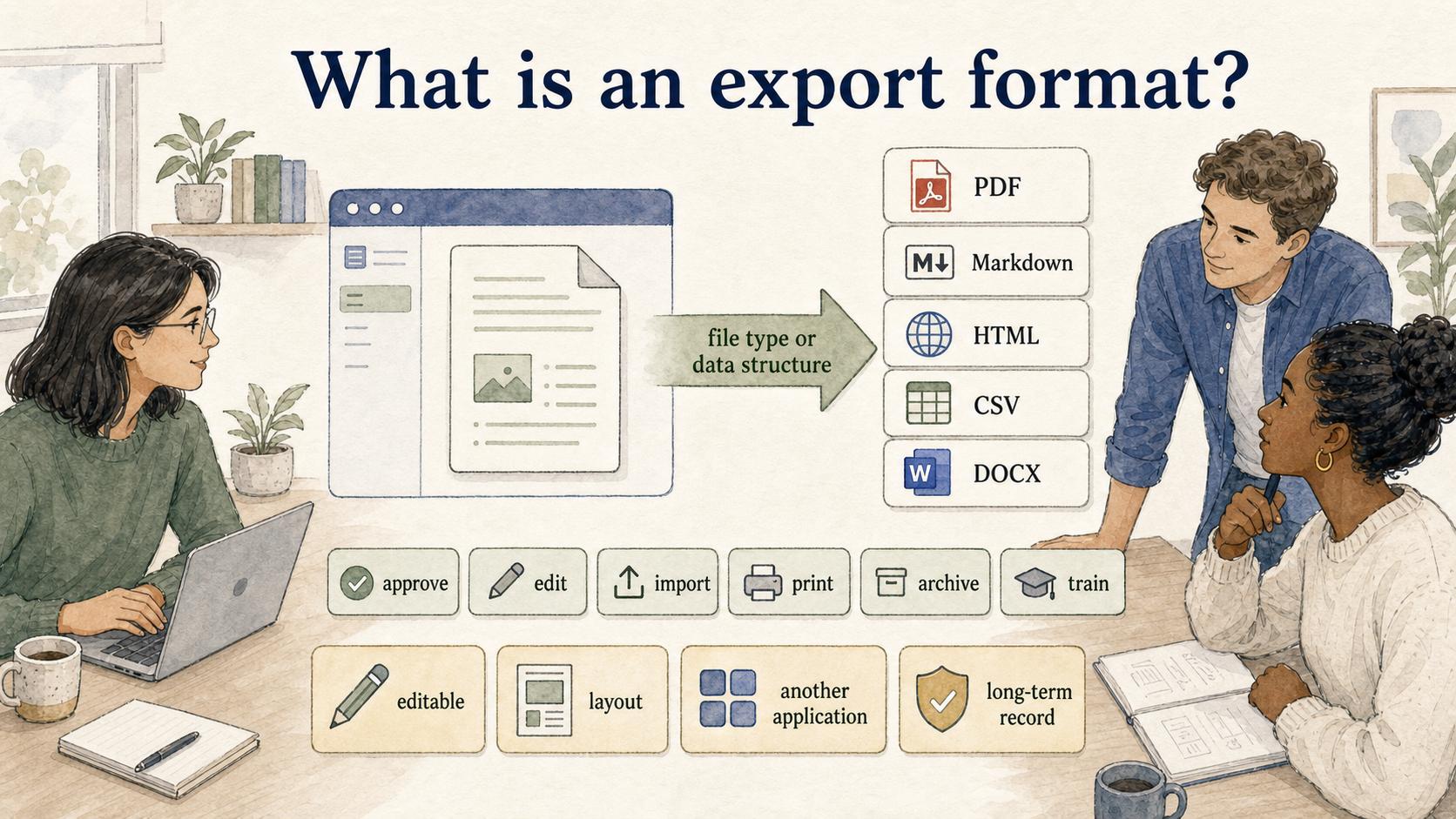 An export format determines whether content stays editable, keeps its layout, works in another application, or stands up as a long-term record.