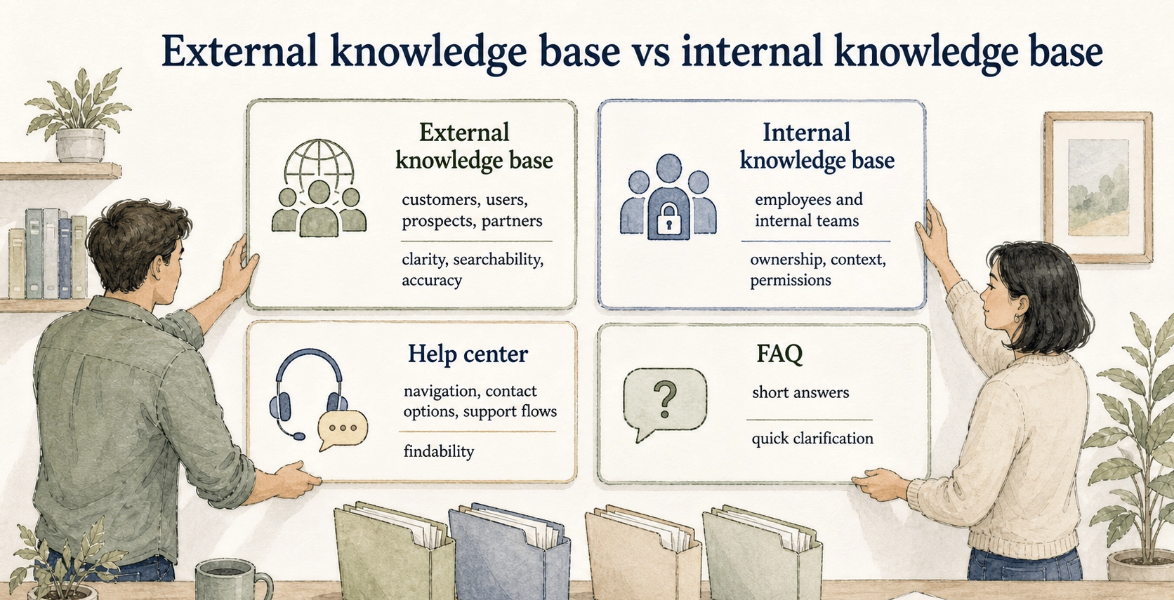 External knowledge bases serve users outside the company, while internal knowledge bases support employees.