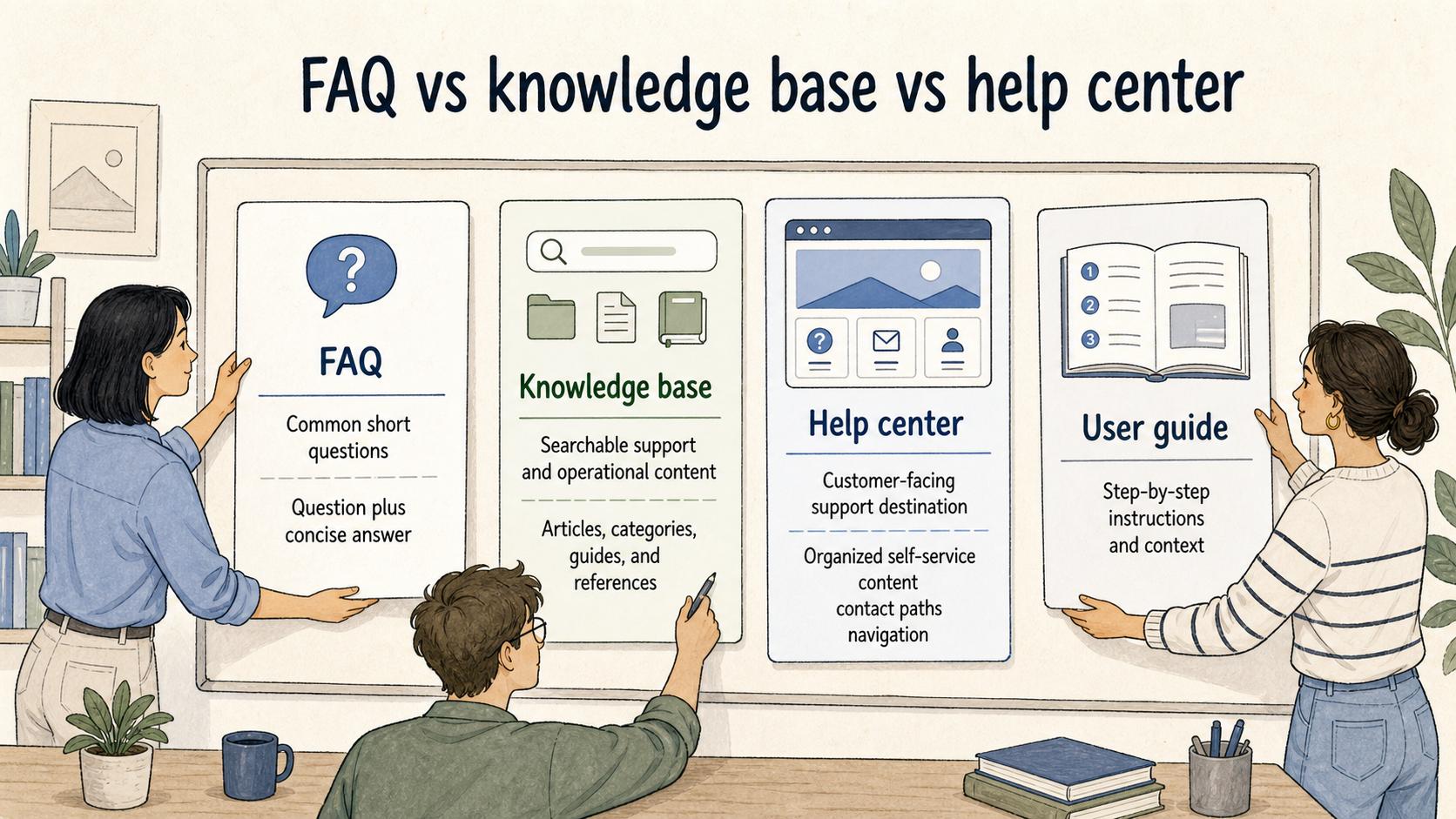 An FAQ handles common short questions, while a knowledge base, help center, or user guide supports broader or deeper content.