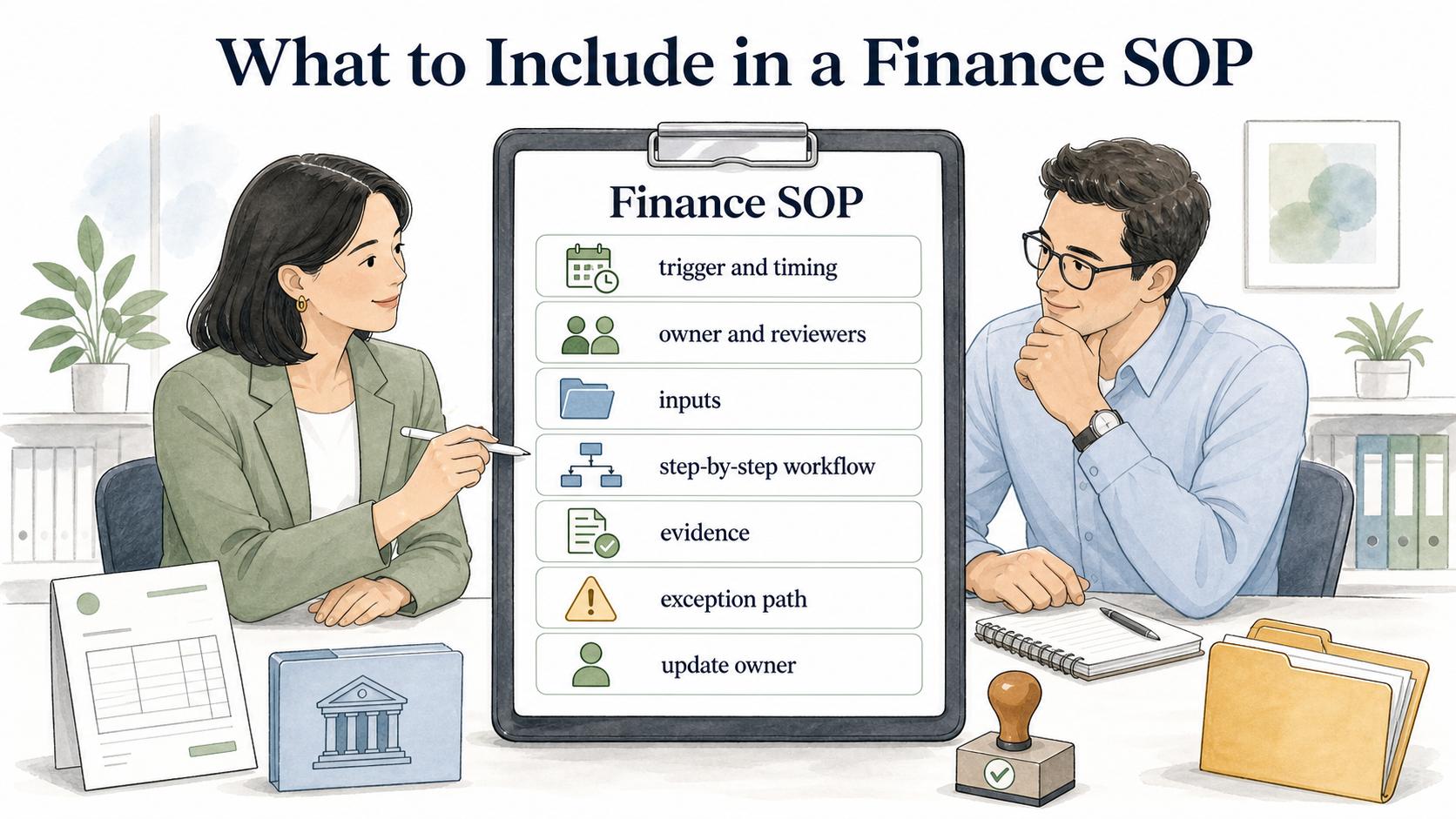 Strong finance SOPs define timing, owners, inputs, workflow steps, evidence, exceptions, and update ownership.
