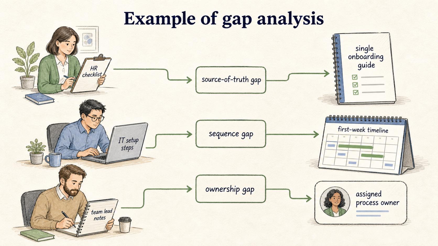The onboarding example shows why one generic document cannot close every gap.