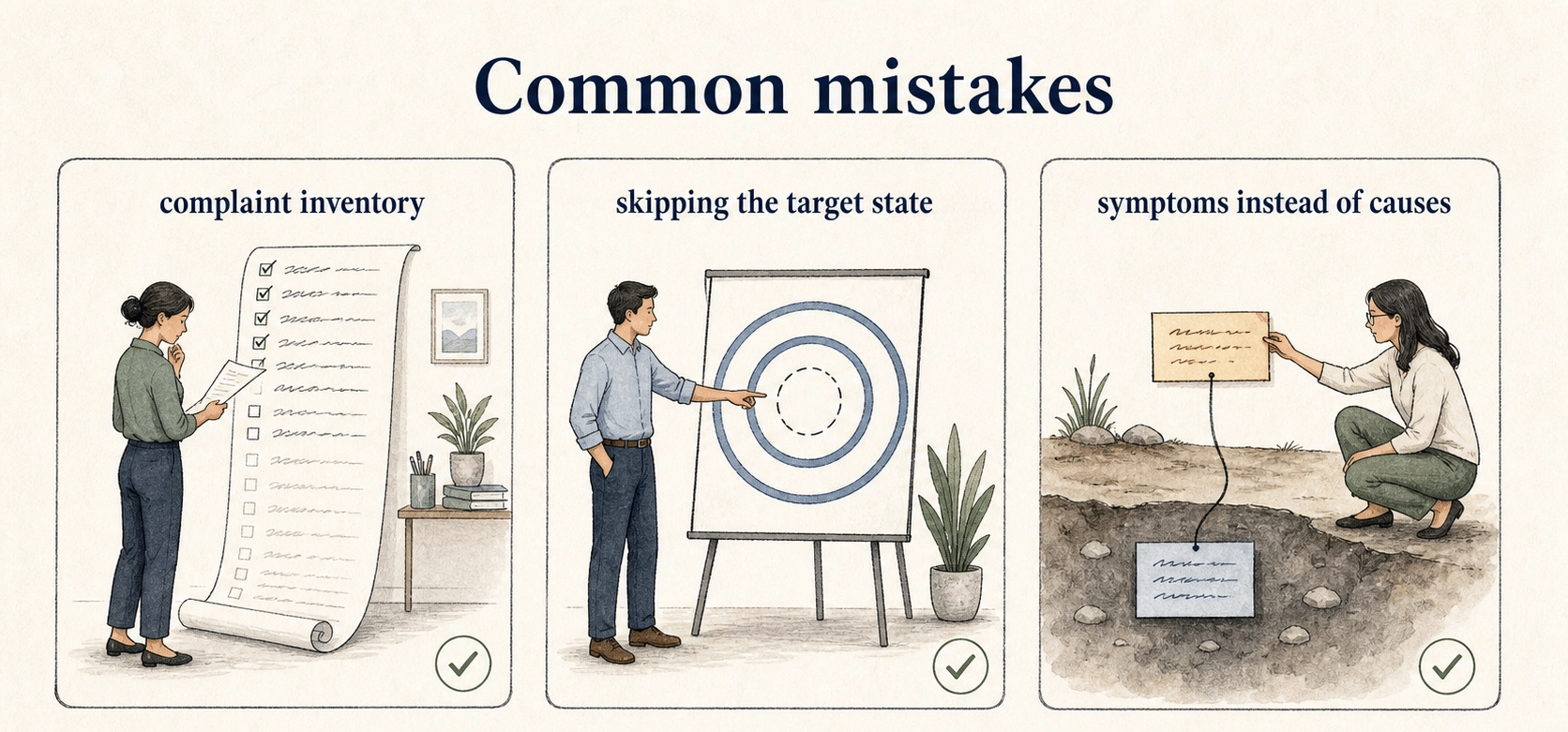 Good gap analysis separates complaints, missing targets, and symptoms before choosing a fix.