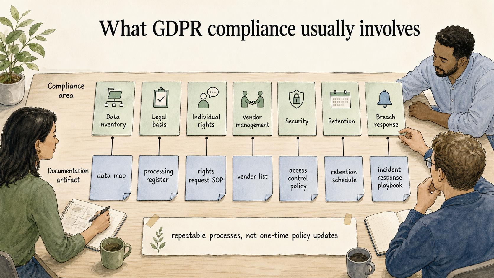 Compliance areas need practical artifacts such as data maps, rights request SOPs, retention schedules, and incident-response playbooks.