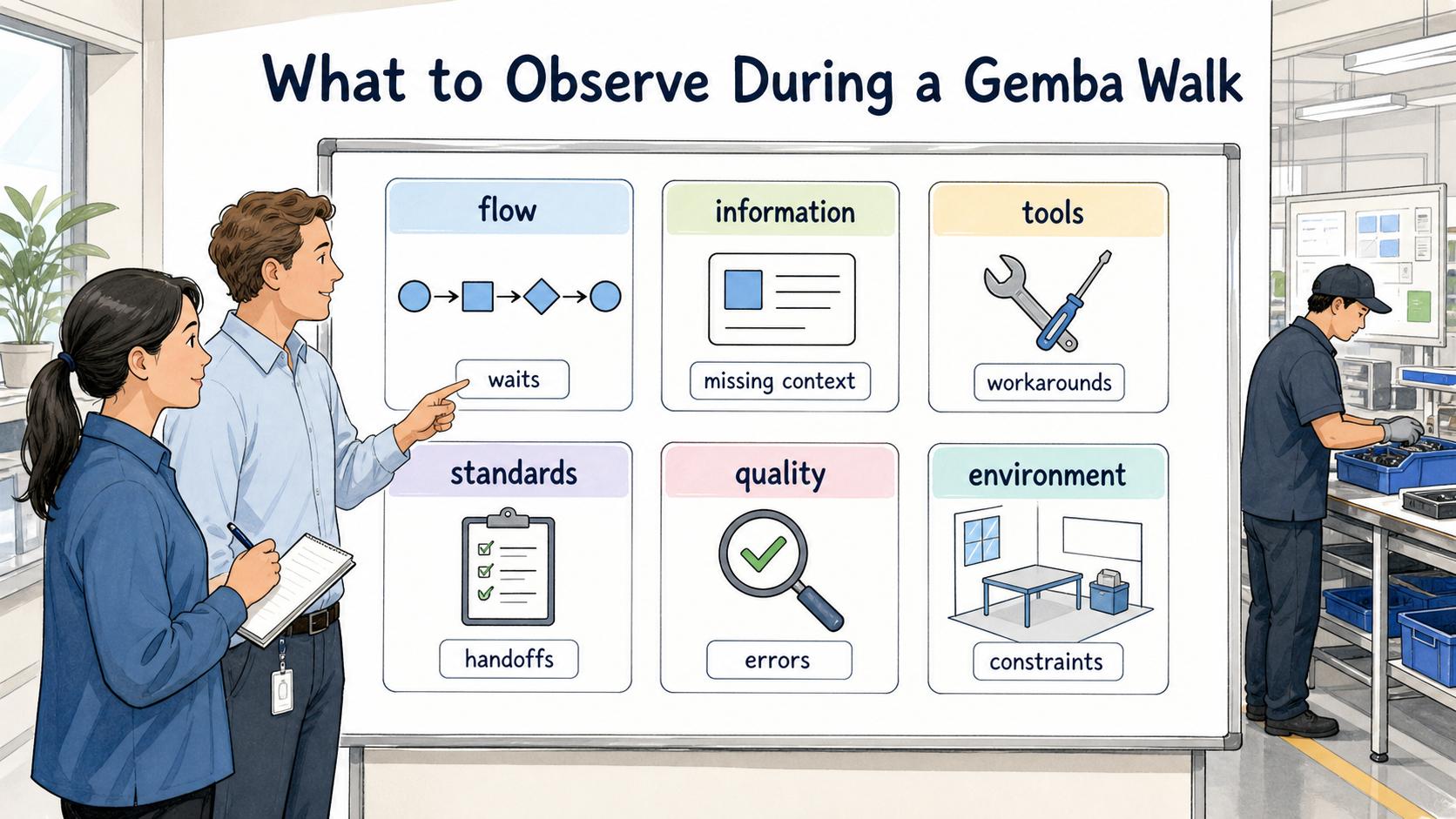 Gemba walks look at flow, information, tools, standards, quality, and environment to reveal practical barriers and documentation gaps.