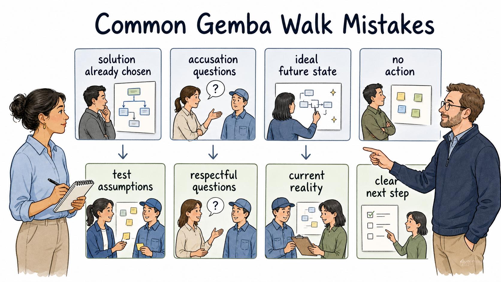 Gemba walks lose value when observers arrive with a solution, ask accusatory questions, document only the ideal state, or fail to act.