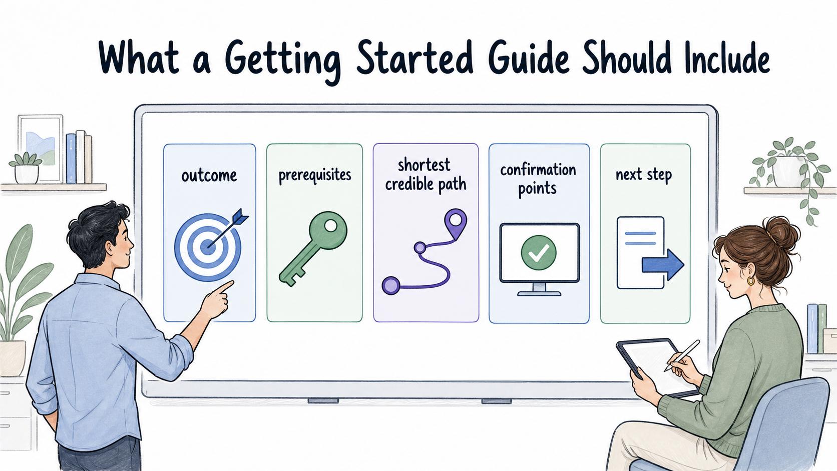 Strong getting started guides focus on the outcome, prerequisites, shortest credible path, confirmation points, and next step.