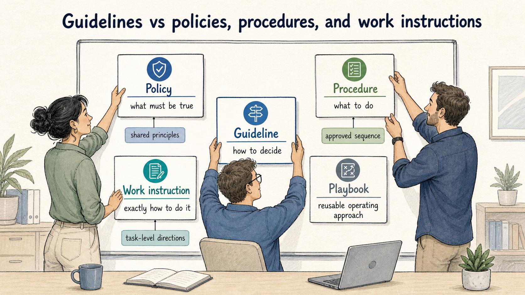 Policies define what must be true, procedures explain what to do, work instructions show exactly how, and guidelines help people decide when context matters.