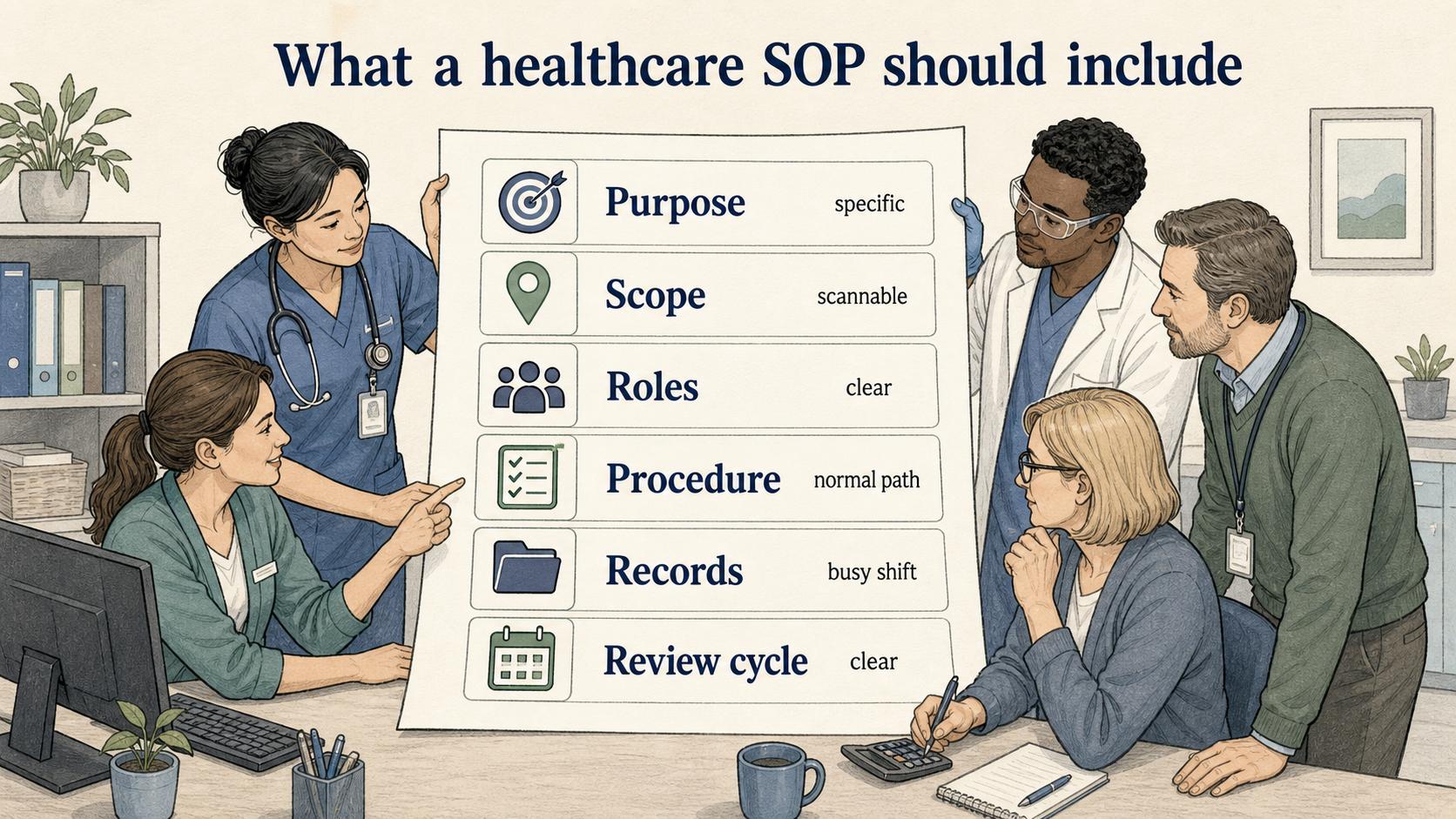 A strong healthcare SOP clarifies purpose, scope, roles, procedure, records, and review cycle so staff can use it during a busy shift.