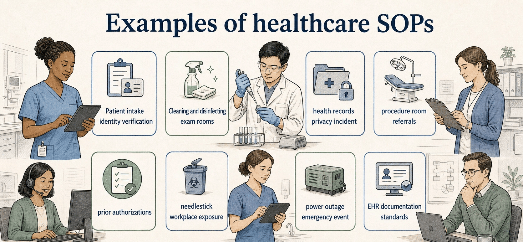 Healthcare SOPs can cover clinical, operational, and administrative work, with the level of detail matched to the risk.