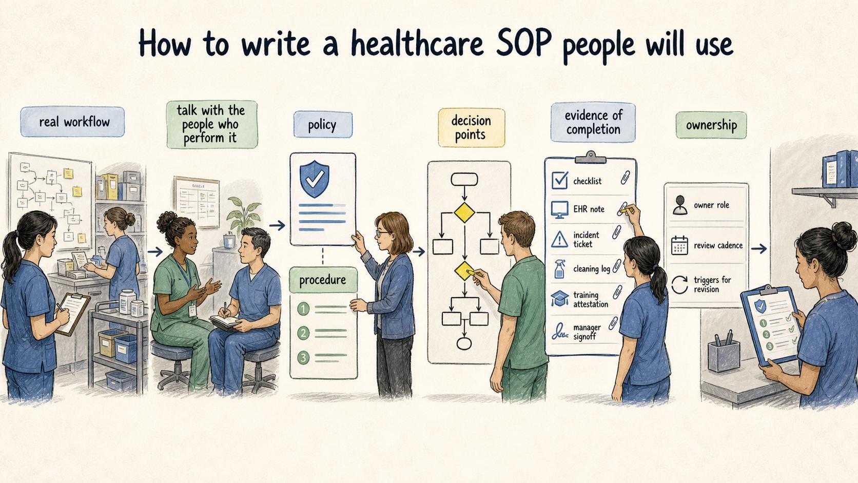 Useful SOPs start with the real workflow, separate policy from procedure, show decision points, build in evidence, and assign ownership.