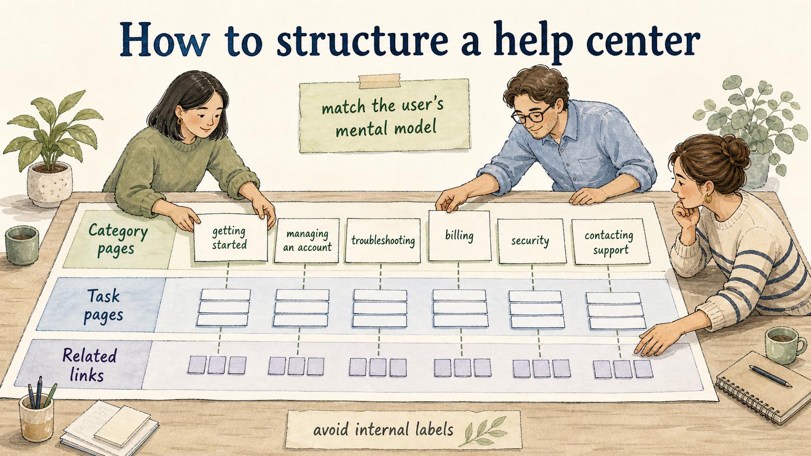 A help center should match the user's mental model with category pages, task pages, and related links that help people continue without returning to search.