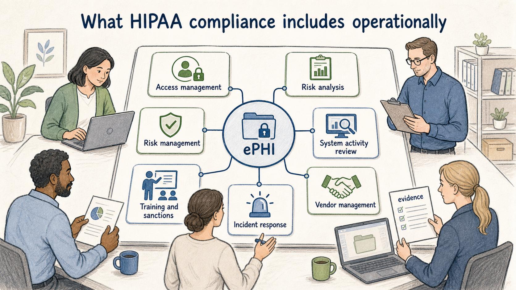 HIPAA operational controls connect ePHI safeguards to access, risk, training, reviews, vendors, incidents, and evidence.
