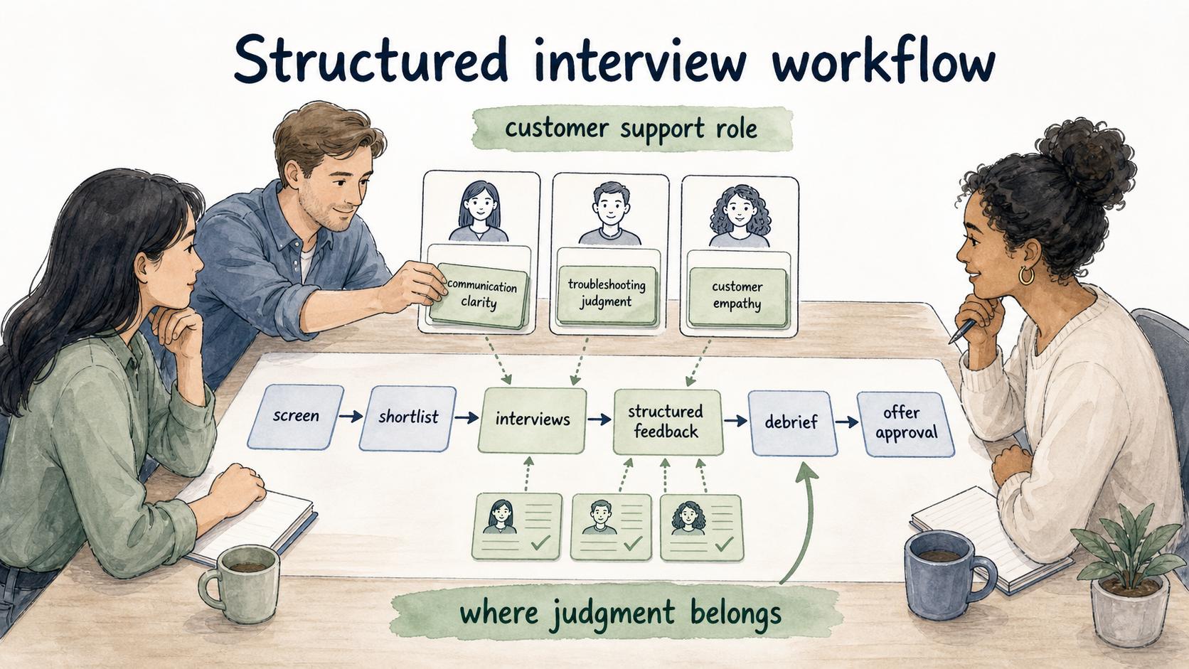 Structured interviews assign evaluation areas and collect feedback before the debrief.
