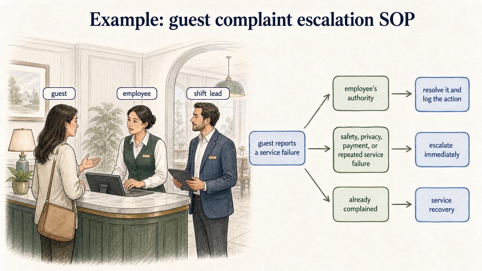 Complaint escalation shows what employees can resolve, what needs immediate escalation, and what becomes service recovery.