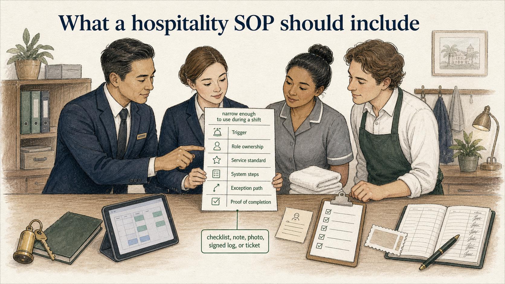 A hospitality SOP includes a trigger, ownership, service standard, system steps, exception path, and proof of completion.