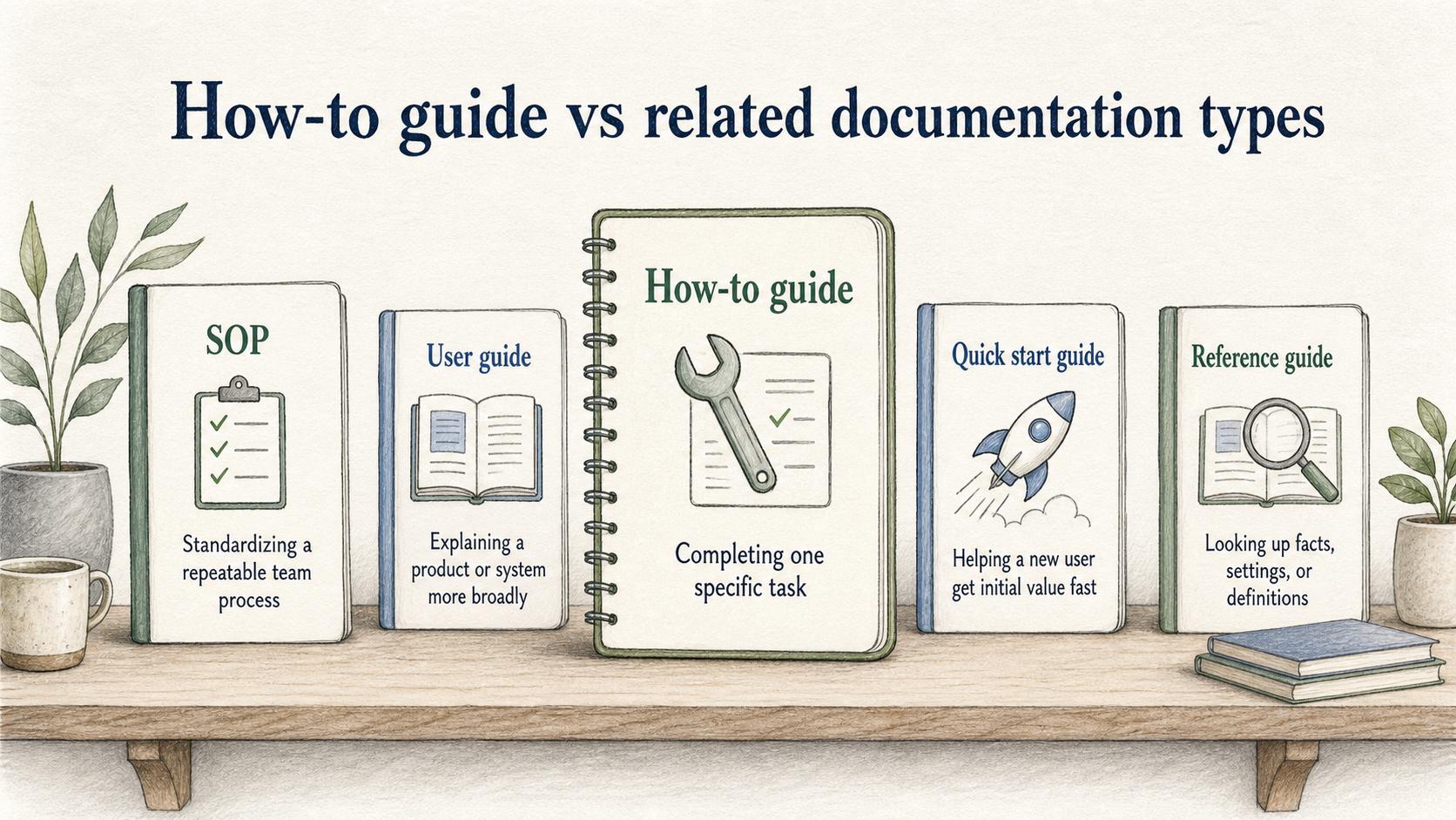 A how-to guide is best for one specific task, while SOPs, user guides, quick starts, and reference guides serve different needs.