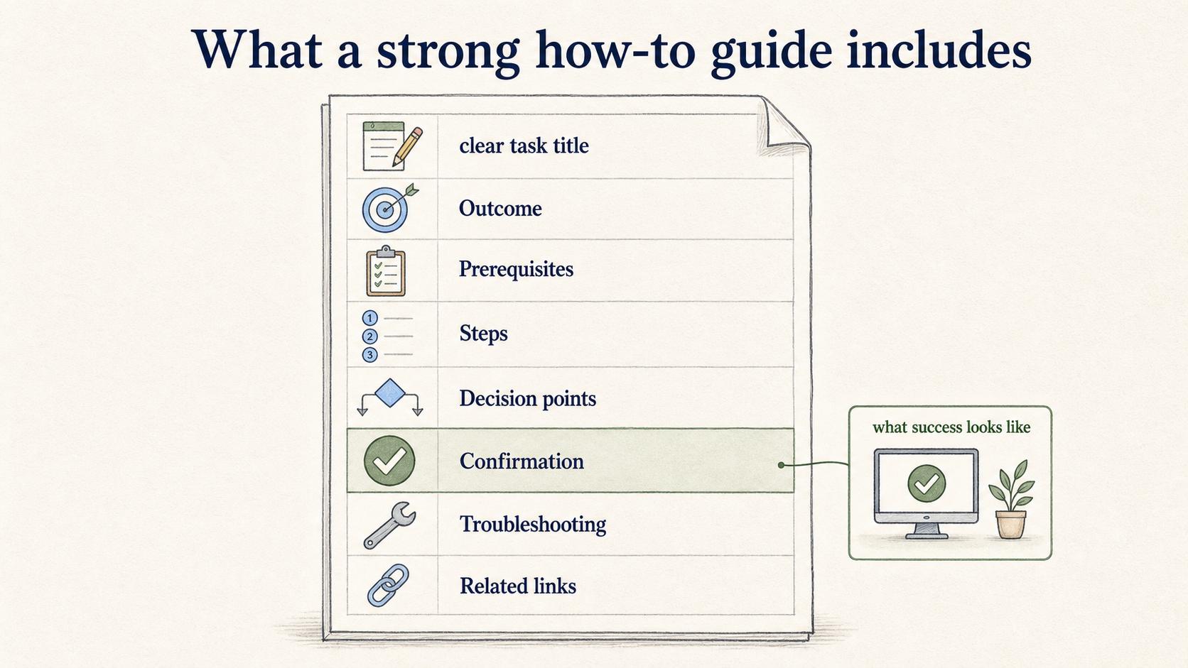Strong how-to guides name the task, show the outcome, list prerequisites, walk through steps, call out decisions, and confirm success.