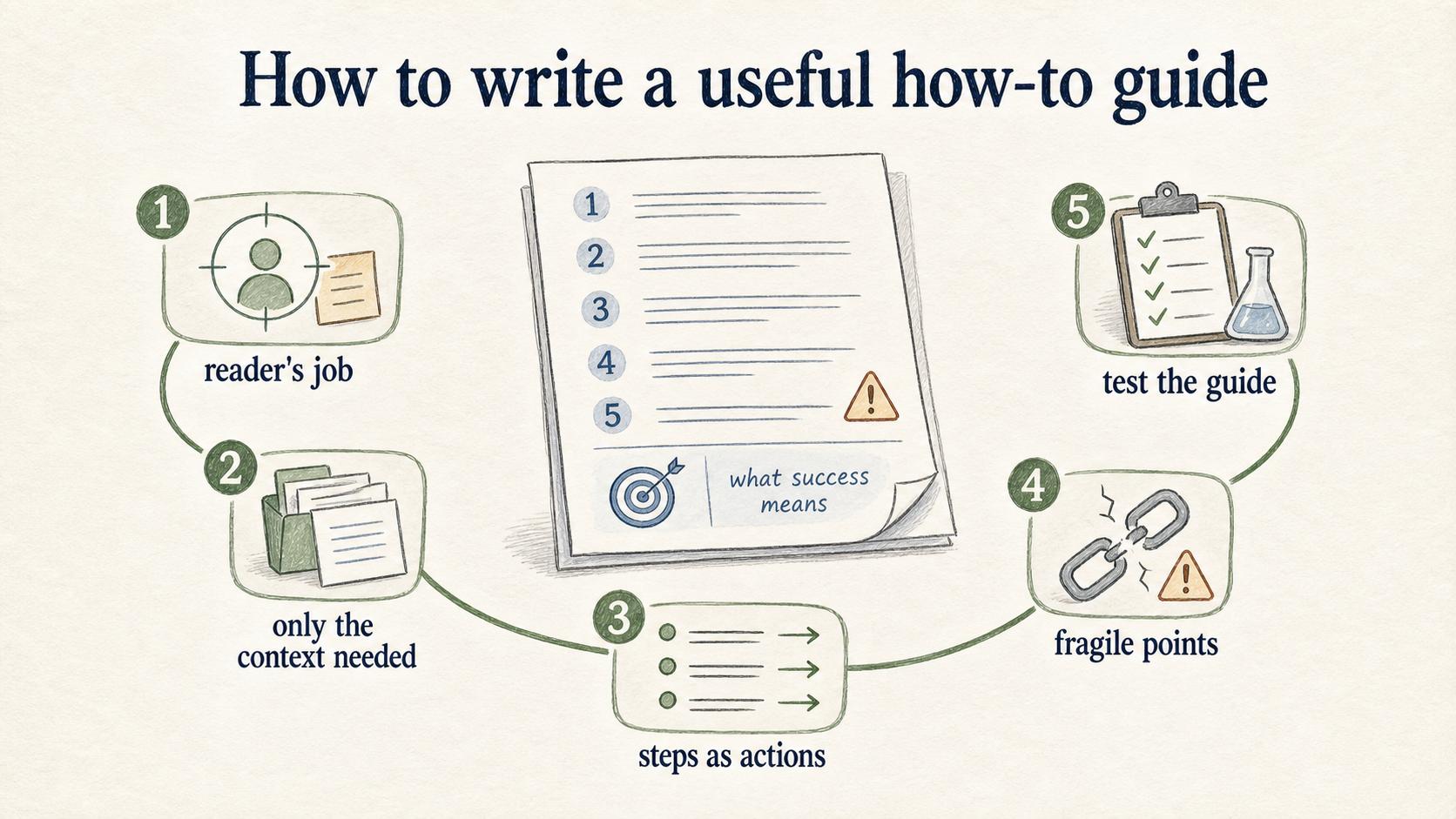 Useful how-to guides start with the reader's job, focus on essential context, use action steps, flag fragile points, and are tested with someone new to the workflow.