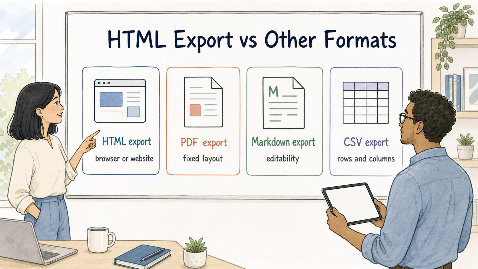 HTML, PDF, Markdown, and CSV each fit different documentation destinations and tradeoffs.
