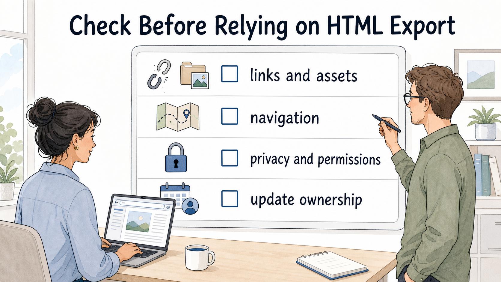 Before relying on an HTML export, check links, assets, navigation, privacy, permissions, and update ownership.
