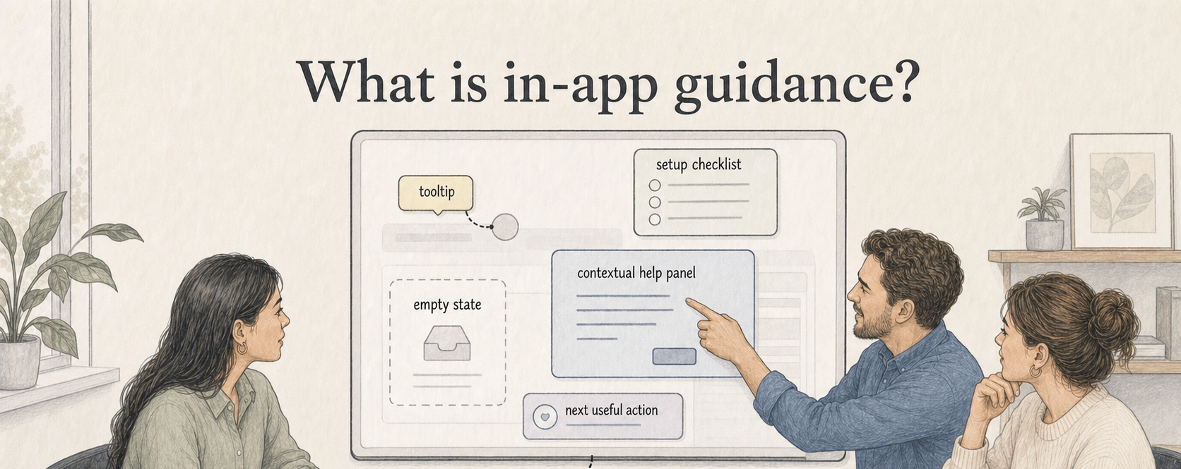 In-app guidance gives help inside the product so users can choose, continue, or recover without leaving the workflow.