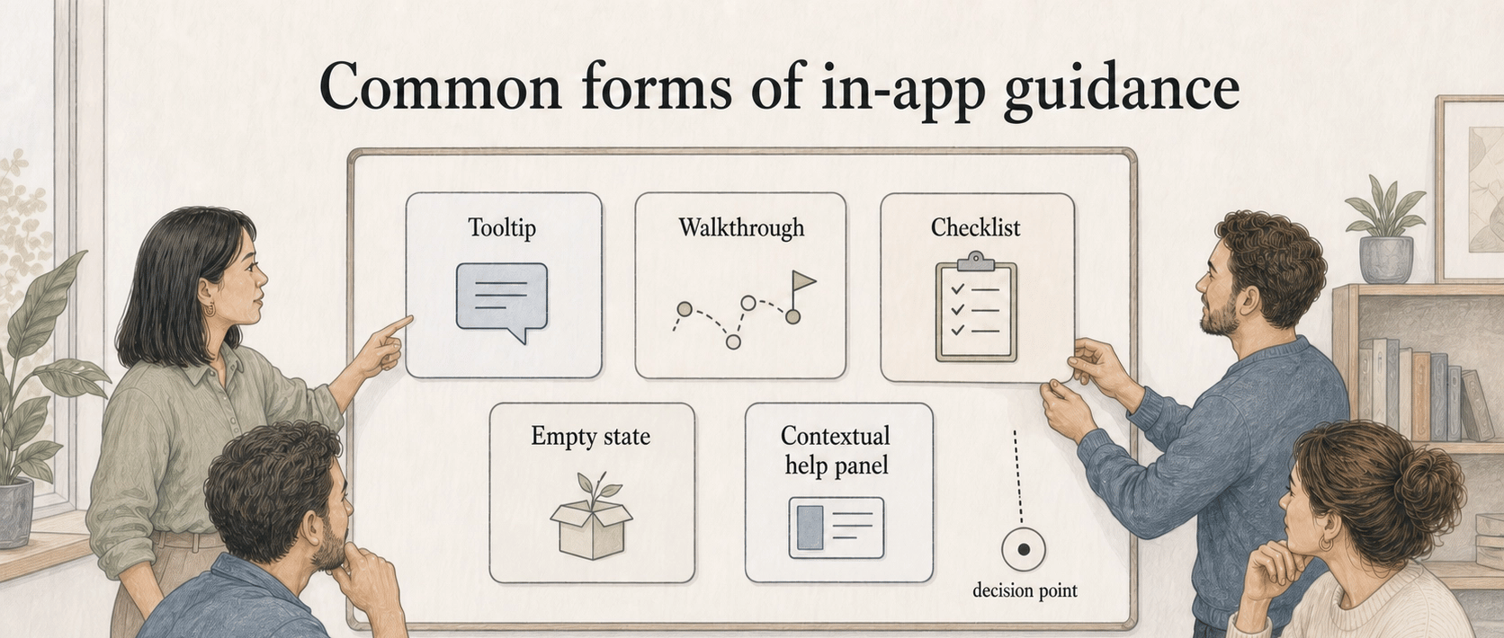 Tooltips, walkthroughs, checklists, empty states, and contextual help panels work best at the right decision point.