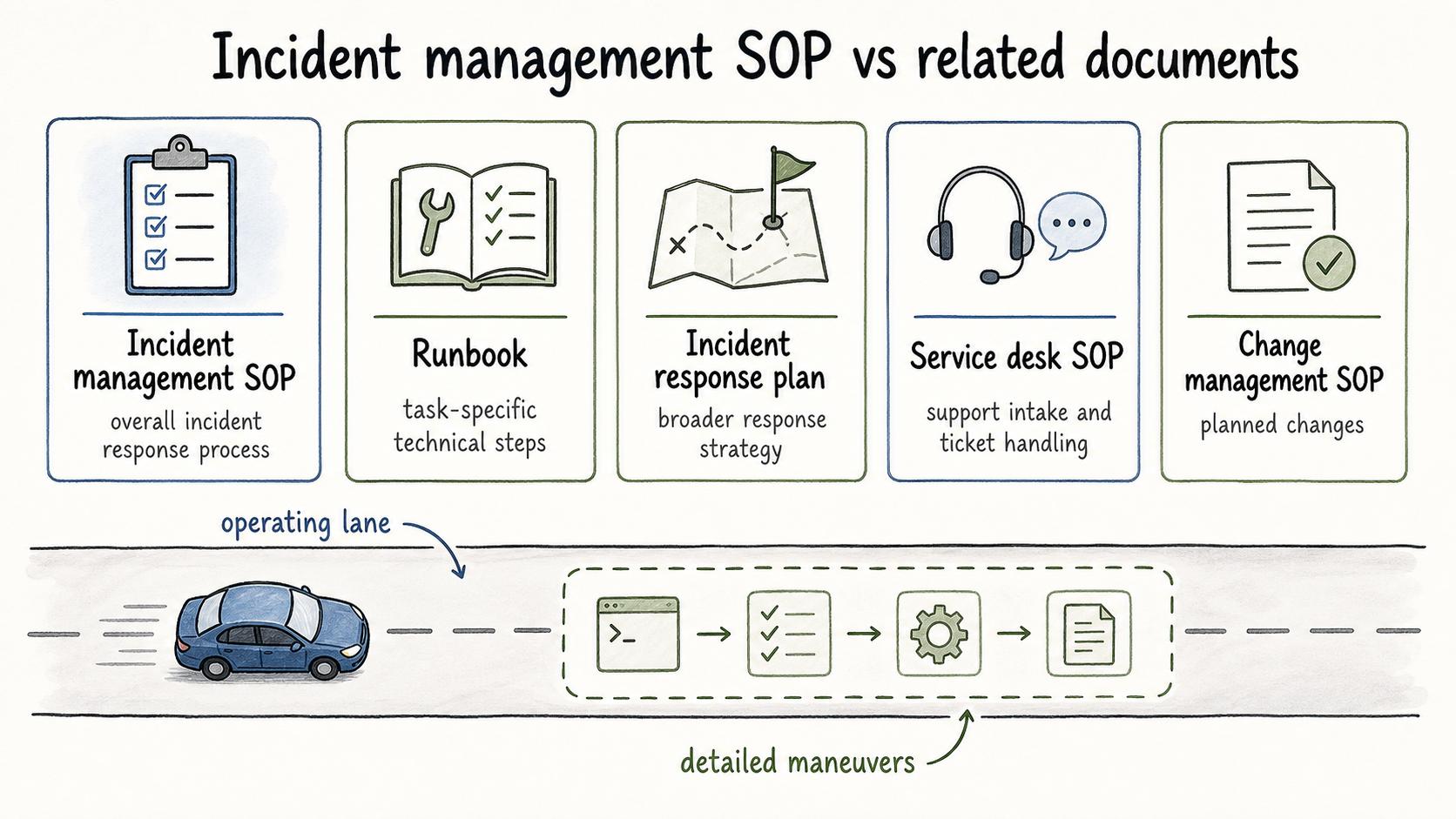 The SOP defines the operating lane, while runbooks, response plans, service desk SOPs, and change management SOPs support specific parts of the work.
