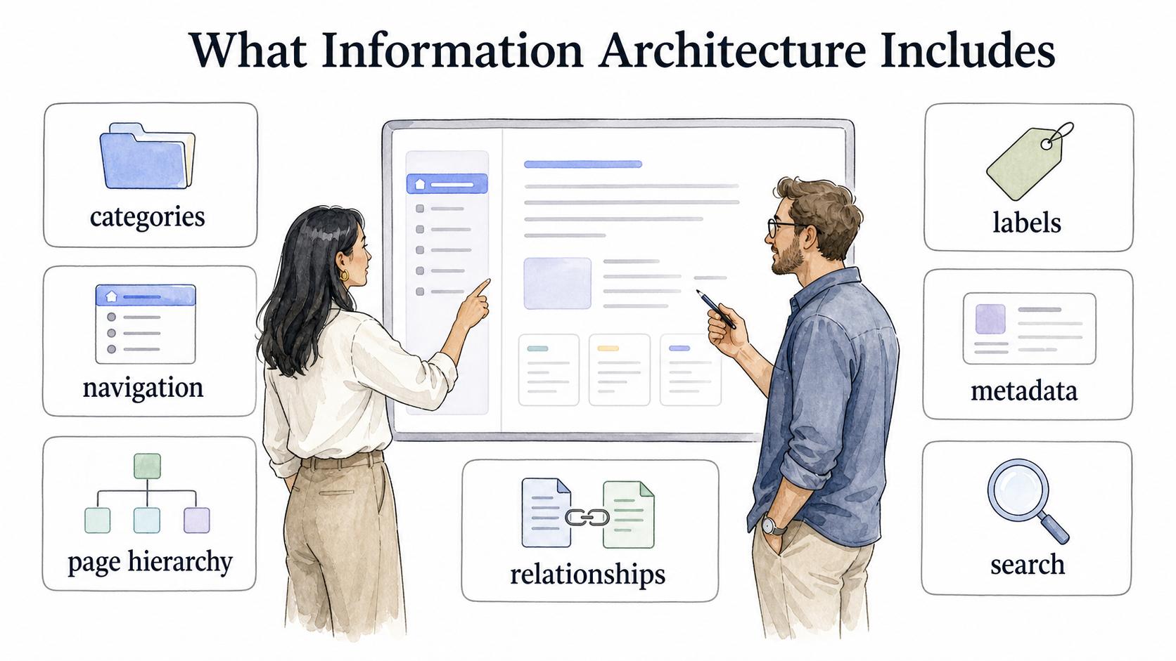 Information architecture organizes categories, labels, navigation, hierarchy, metadata, search, and relationships so people can find and use content.