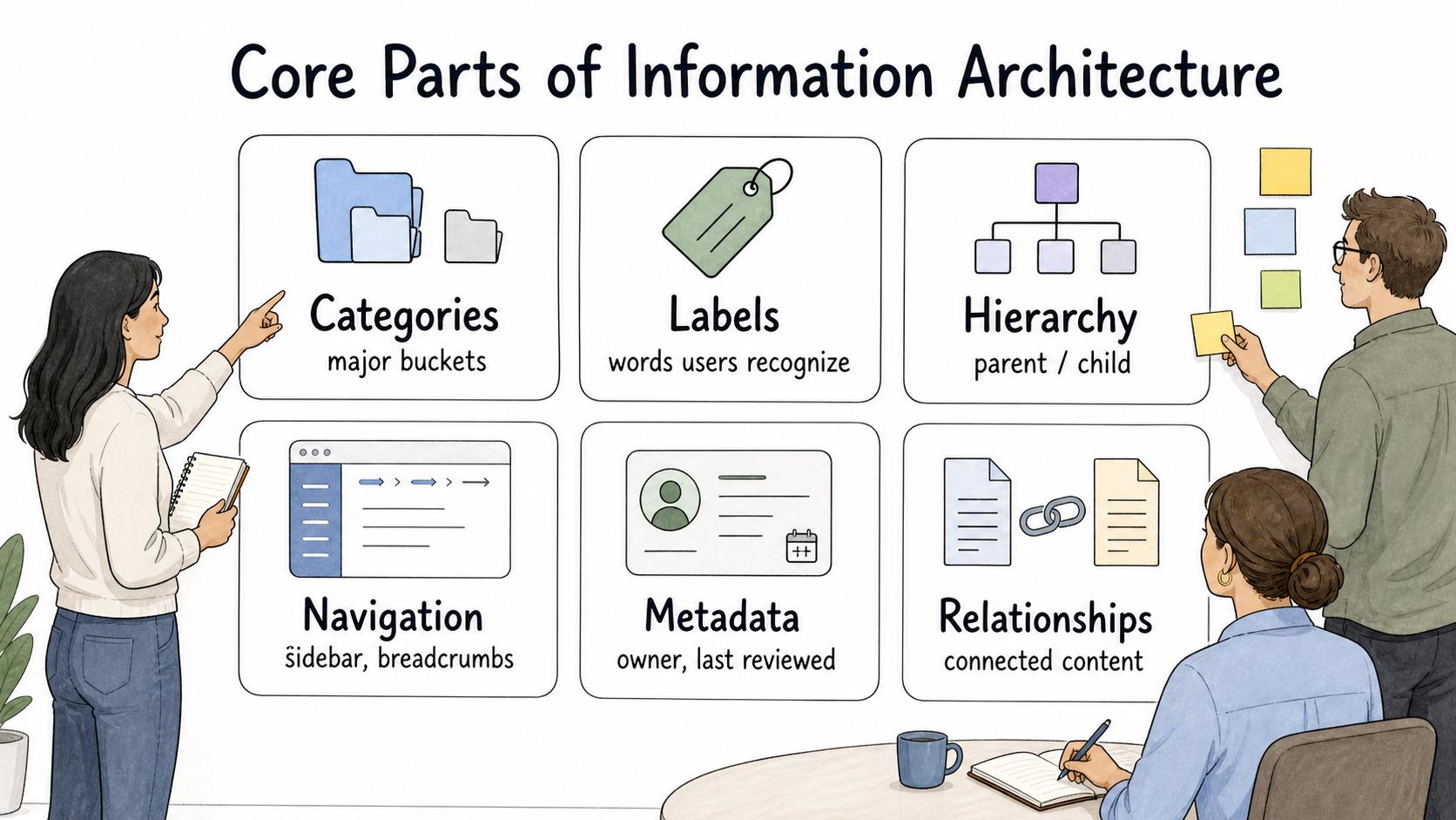 The core parts of IA work together to make documentation easier to structure, label, navigate, and maintain.
