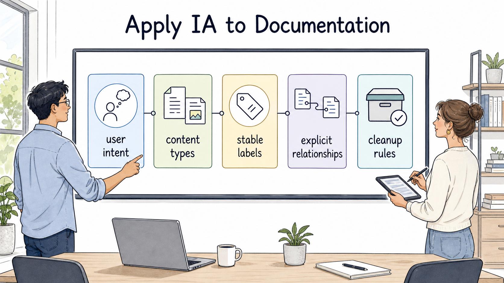 Applying IA to documentation starts with user intent, then clarifies content types, labels, relationships, and cleanup rules.