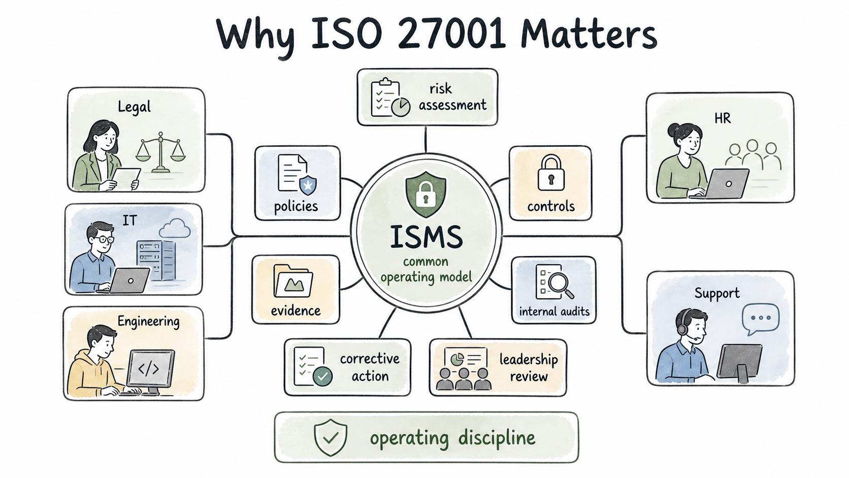 ISO 27001 uses an ISMS to connect risk assessment, policies, controls, evidence, internal audits, corrective action, and leadership review.