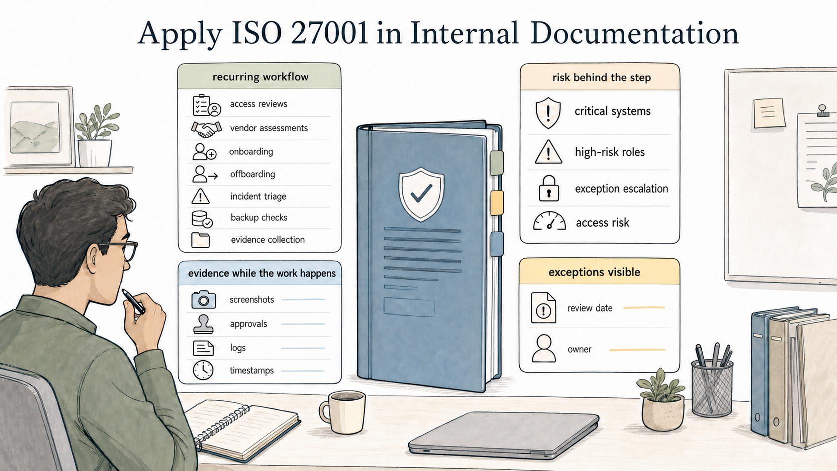Useful ISO 27001 documentation names recurring workflows, the risk behind each step, evidence created during work, and visible exception ownership.