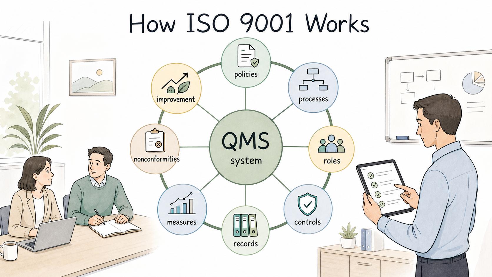 A QMS connects policies, processes, roles, controls, records, measures, nonconformities, and improvement into one system.
