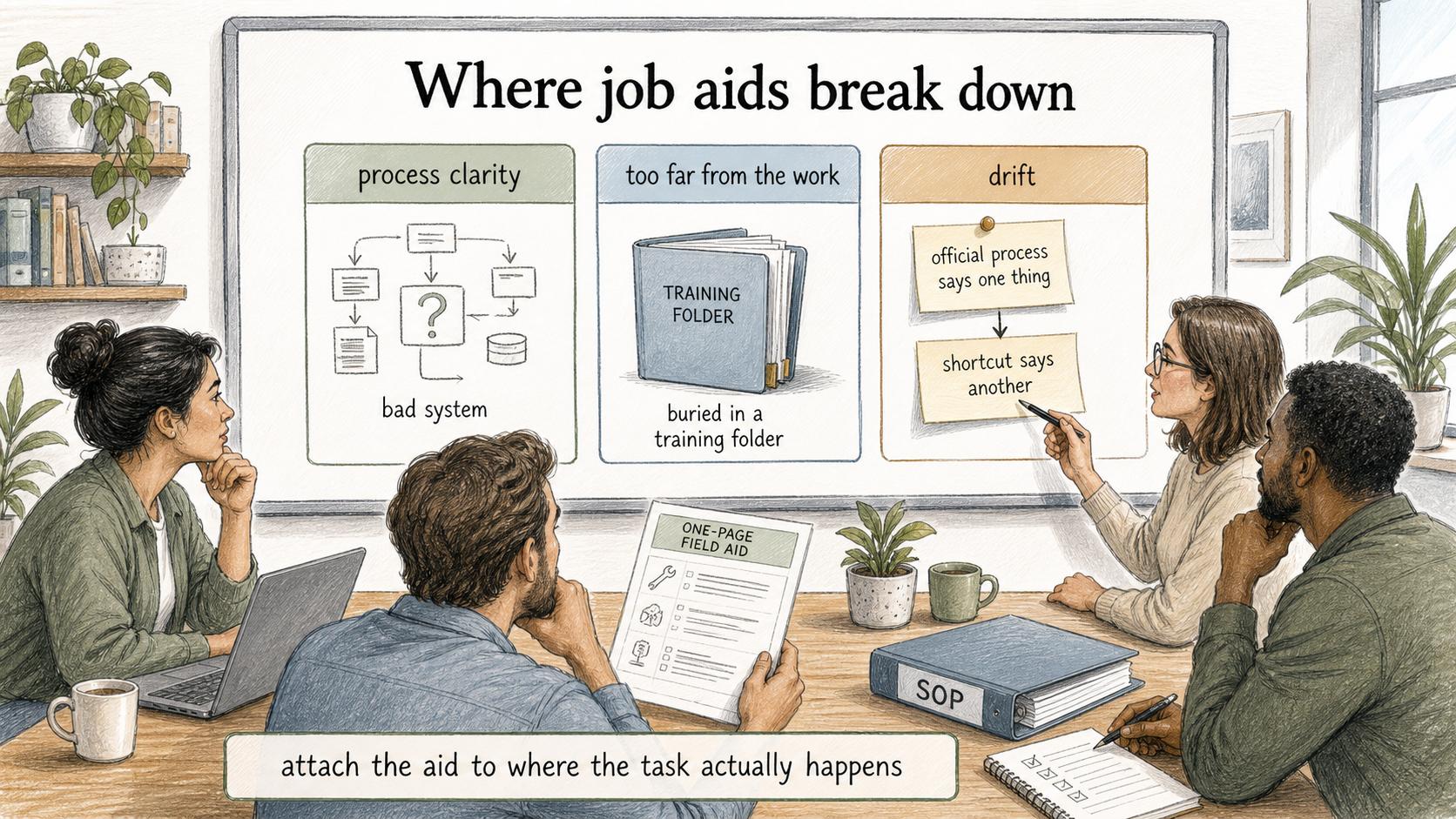 Job aids work best when they are attached to the tool, checklist, queue, onboarding flow, or SOP where the task actually happens.