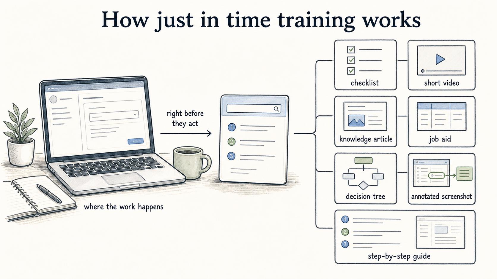 Useful training appears where the work happens, right before someone acts.