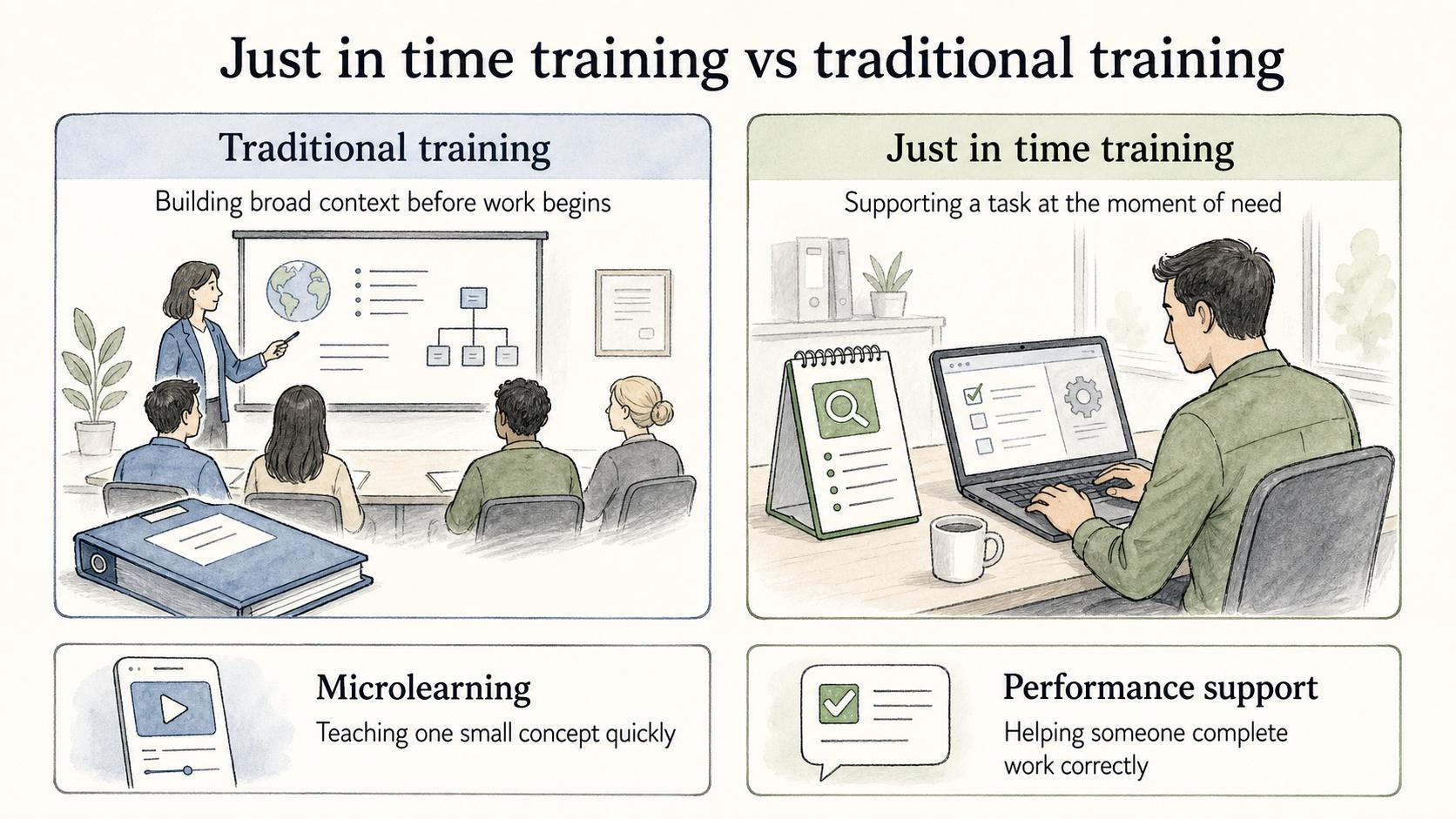 Traditional training builds broad context; just in time training supports a task at the moment of need.