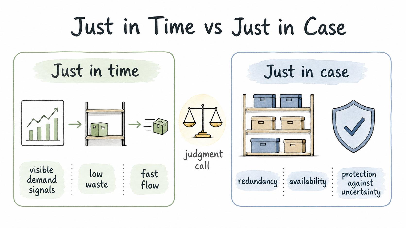 Just in time optimizes for low waste and fast flow, while just in case protects against uncertainty with intentional redundancy.