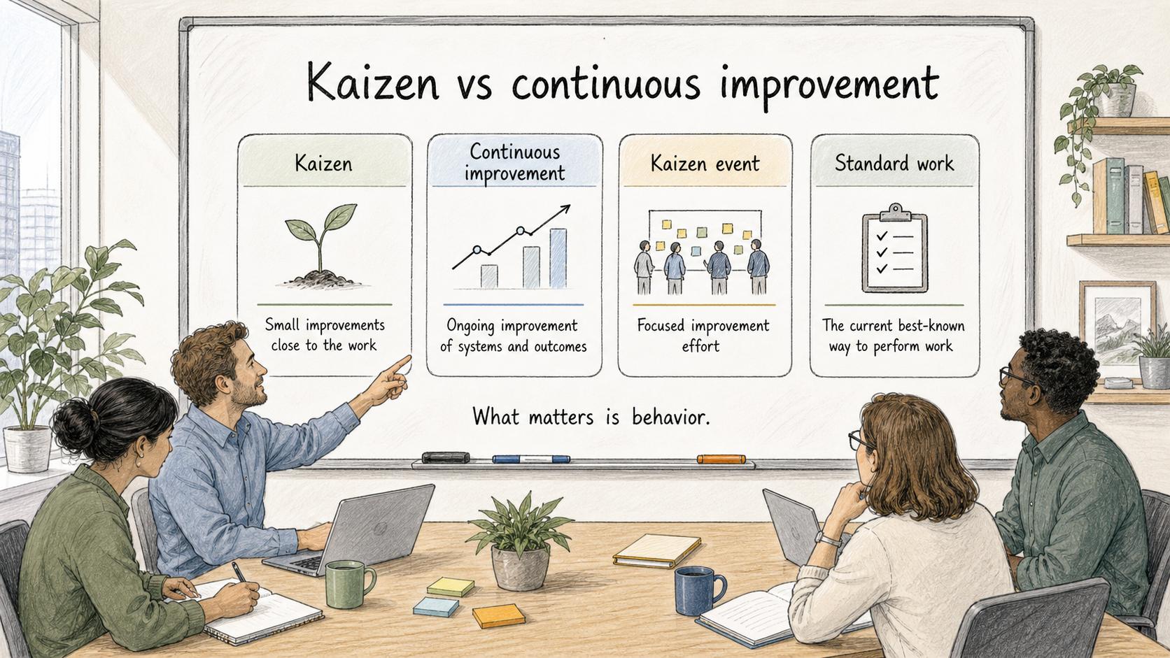 Kaizen is one practical expression of continuous improvement when teams make small improvements close to the work.