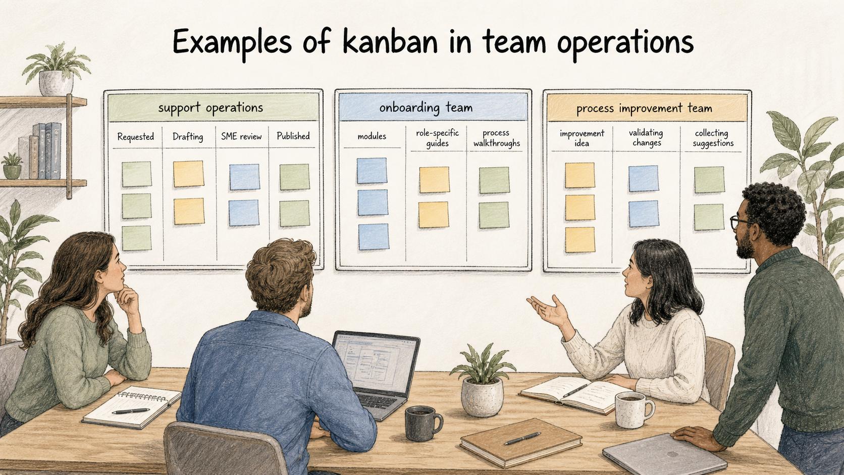 Kanban applies to work that moves through recognizable stages, including support, onboarding, and process improvement.