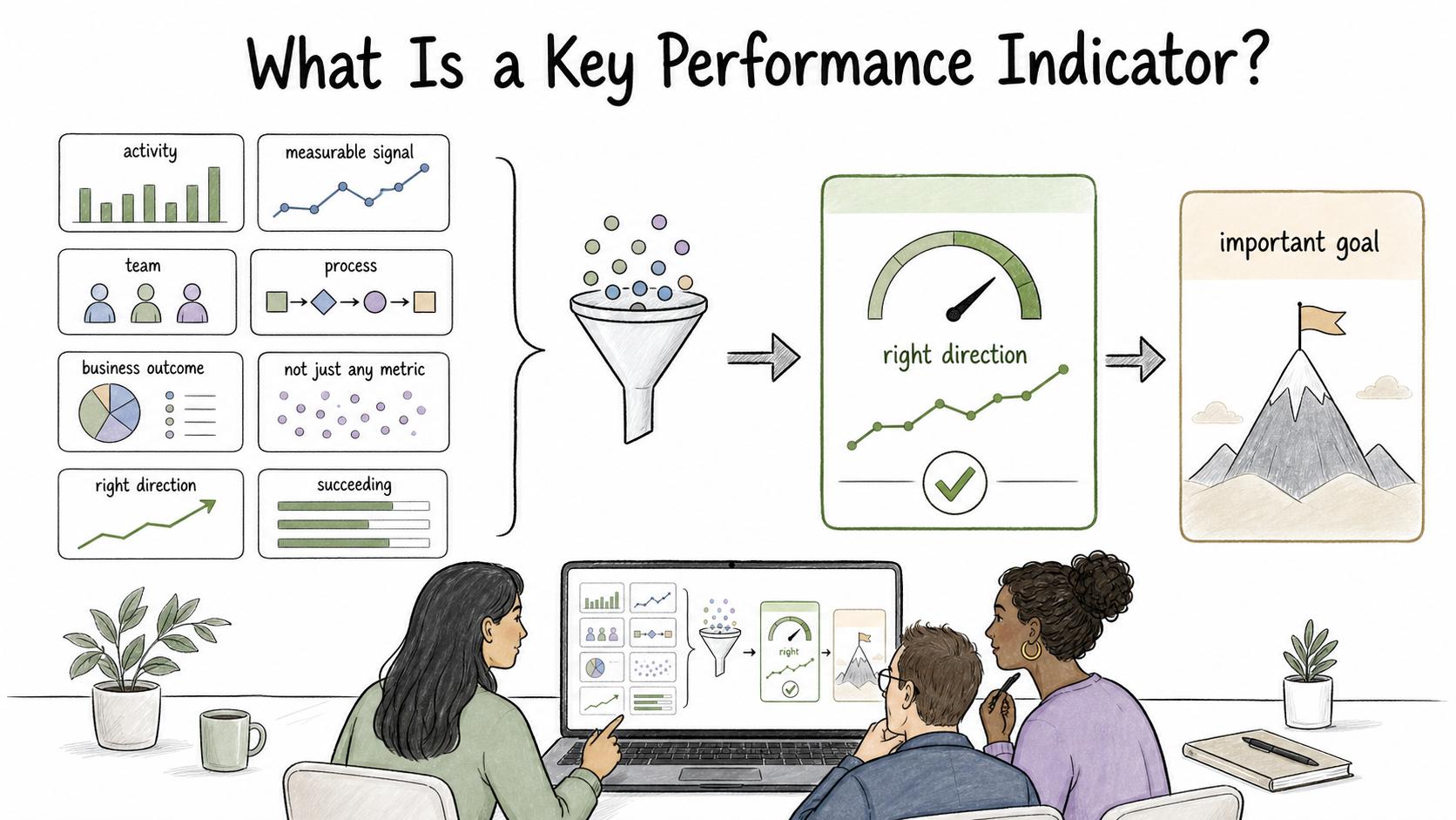 A KPI is a measurable signal selected because it shows progress toward an important goal, not just activity.