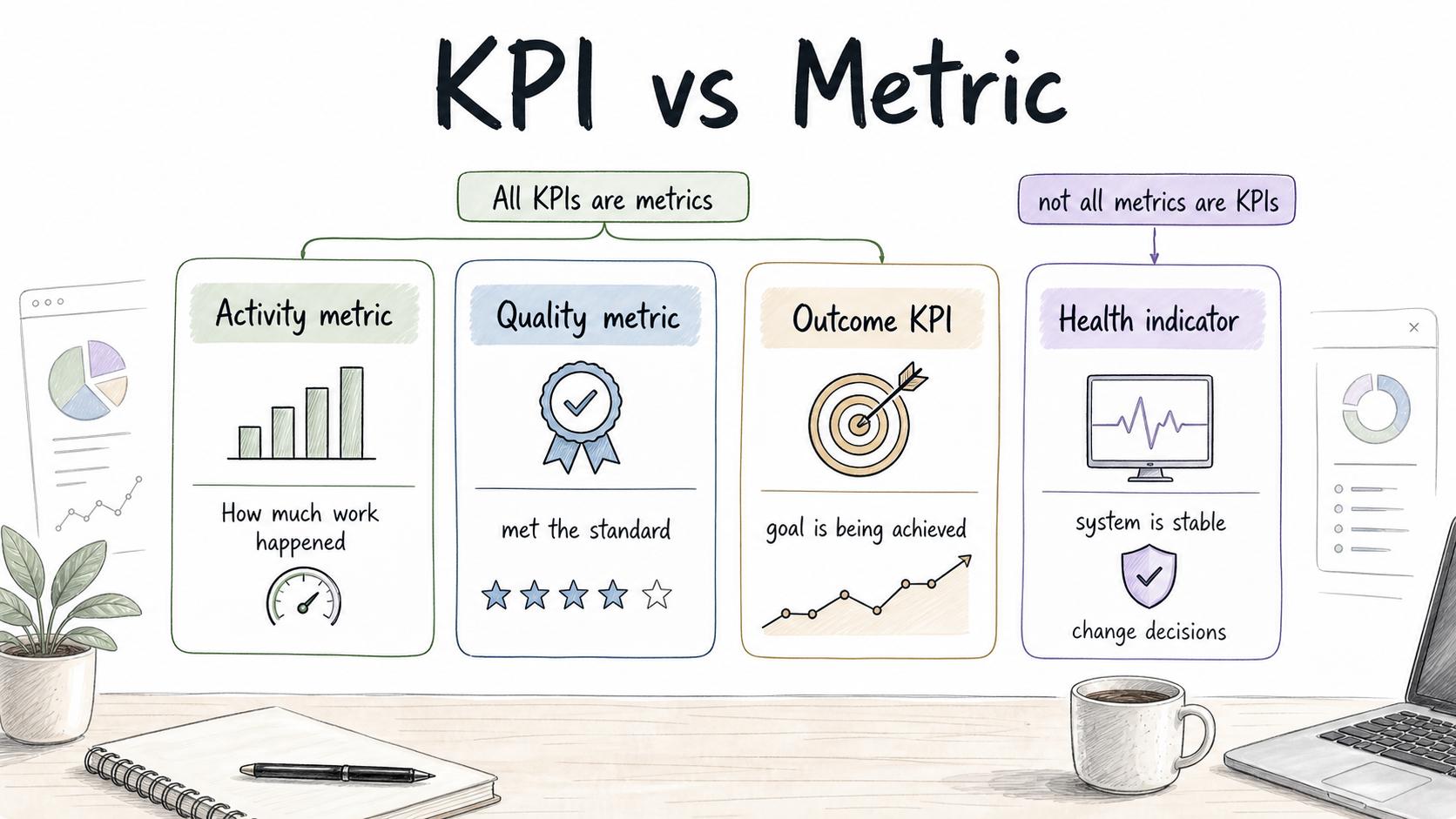 Metrics measure many things, but KPIs carry strategic or operational weight and should help teams make decisions.